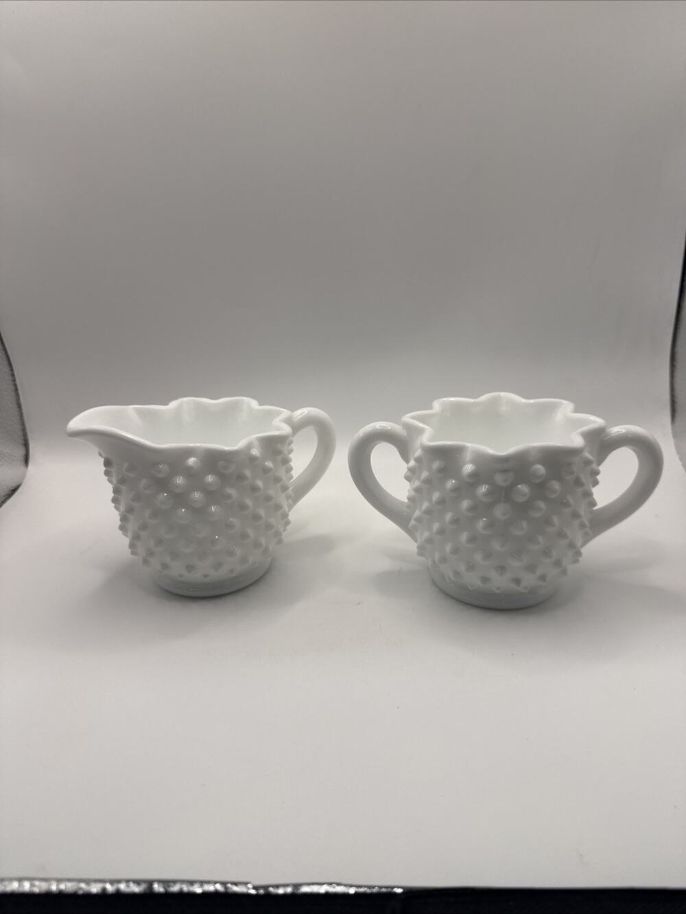 VINTAGE PAIR FENTON WHITE MILK GLASS HOBNAIL CREAMER AND SUGAR BOWL